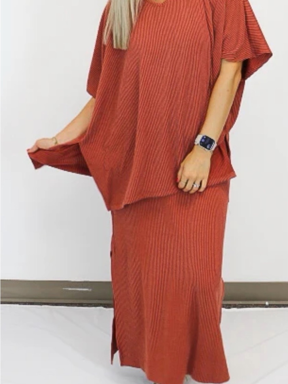 Ribbed Slip Camisole Dress in Rust - Picture 3 of 4